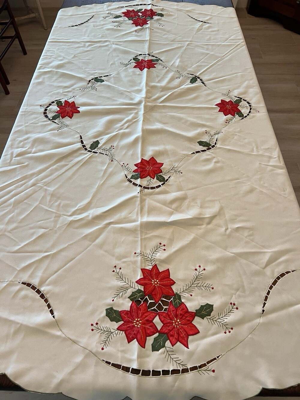 Vintage Polyester Poinsettia Christmas Cutwork Tablecloth 68" Round